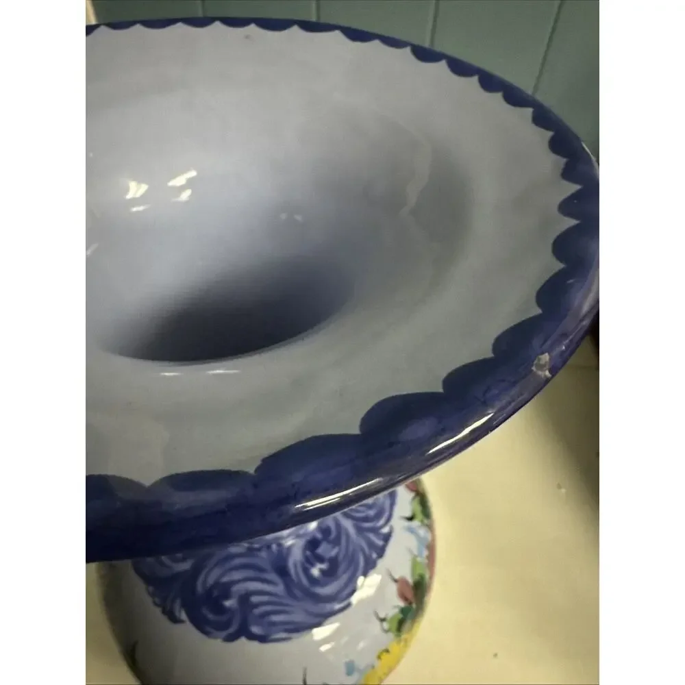 Vintage Alcobaca Portuguese Hand-painted Blue Floral Pottery Vase Large 16” Tall
